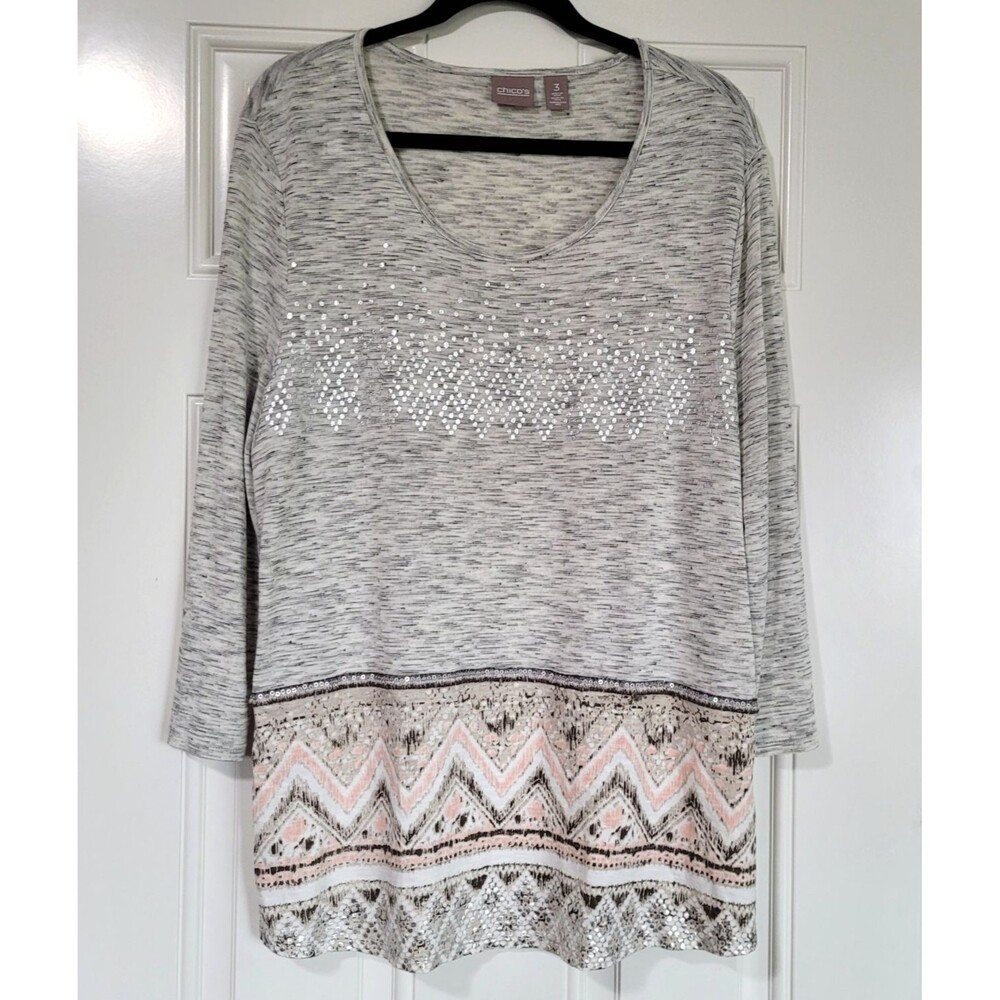 Chico's Size 3 (XL) Gray Sequin Chevron Tunic Top 3/4 Sleeve Boho Festival